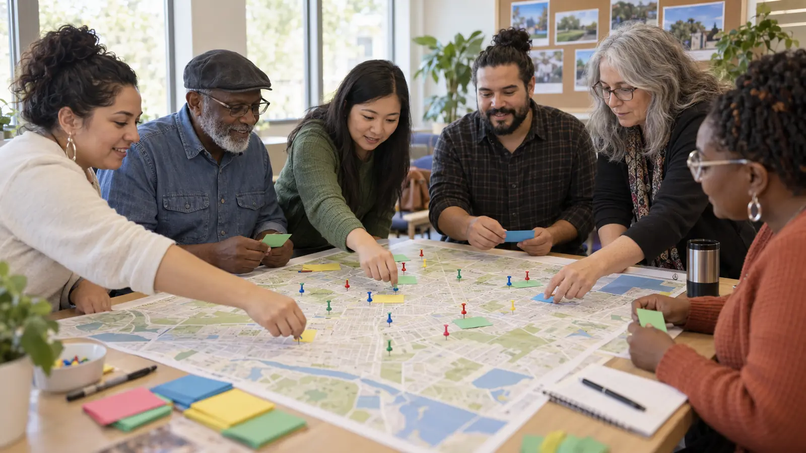 Community members placing notes and map pins during a collaborative asset-mapping workshop