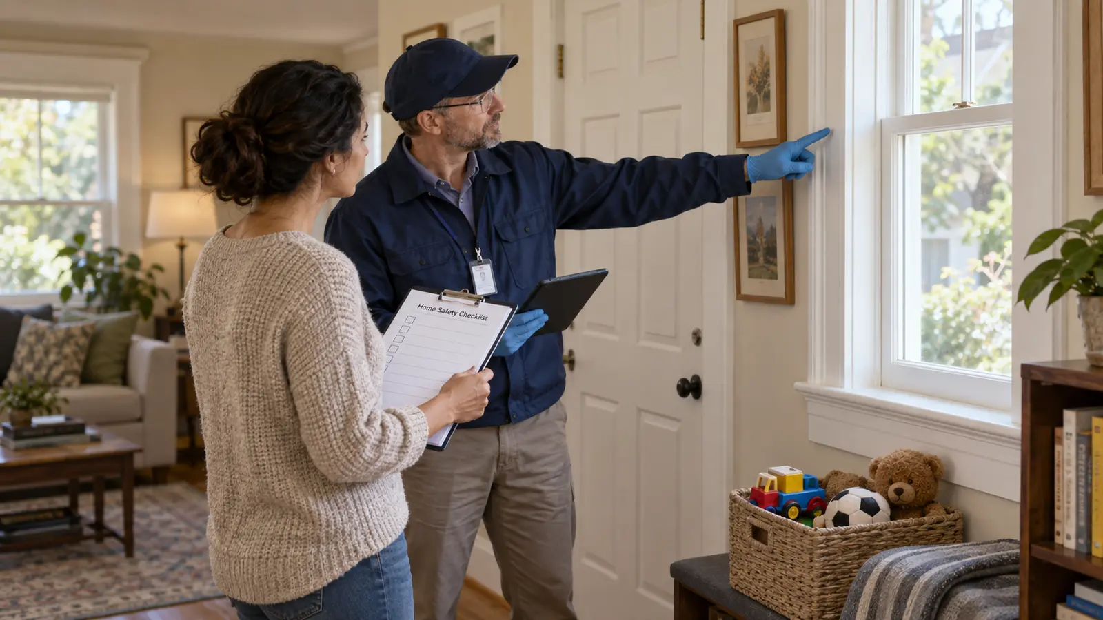 Homeowner and assessor reviewing painted window trim during a lead-exposure prevention check