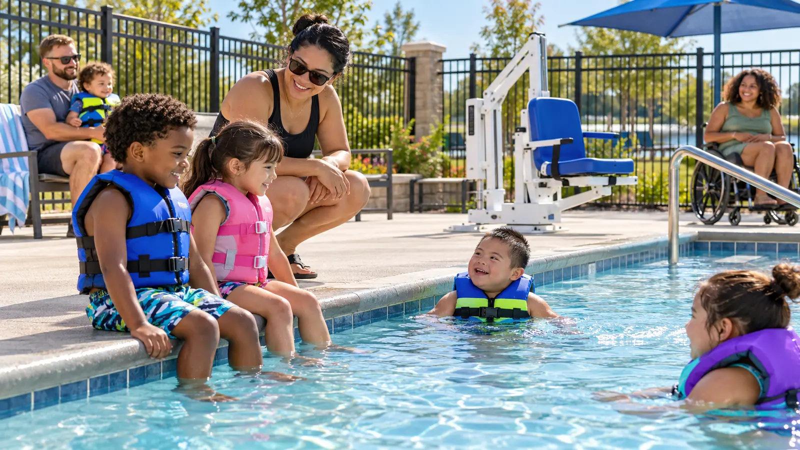 Caregivers actively supervising children wearing life jackets at an accessible fenced community pool