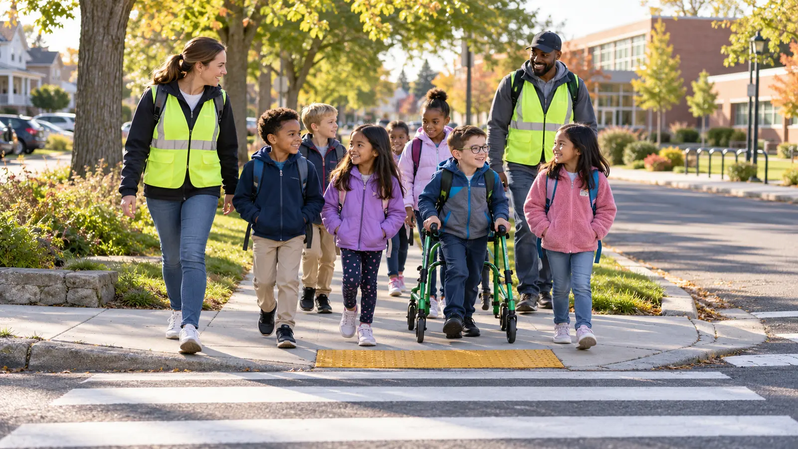 Adult volunteers walking a diverse group of children along an accessible sidewalk toward a marked school crosswalk