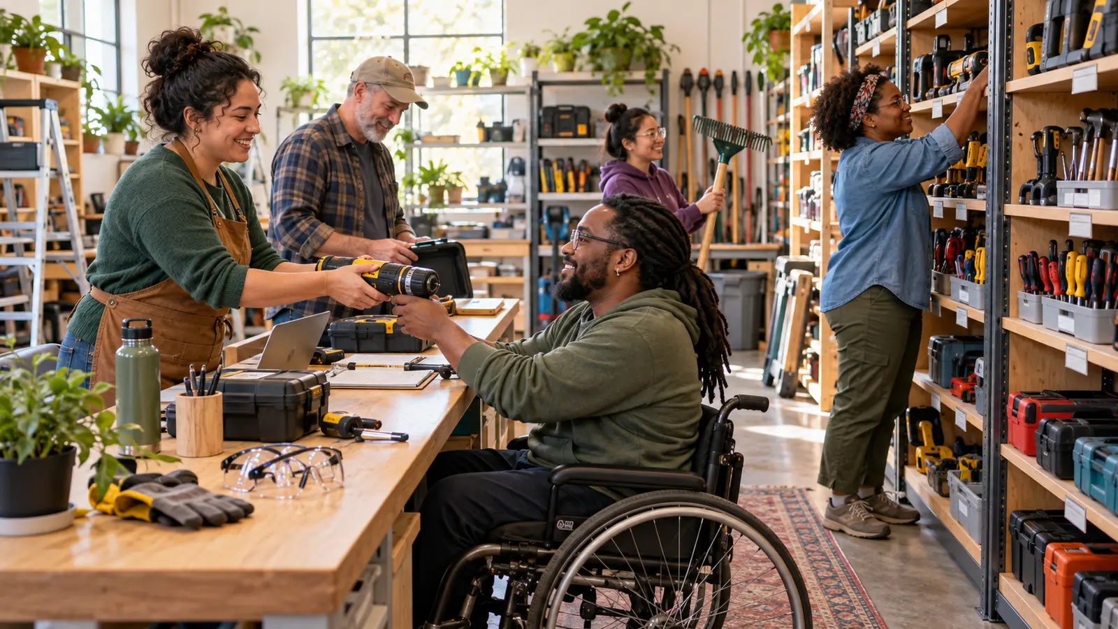 Community volunteers checking out and organizing hand tools in an accessible tool lending space
