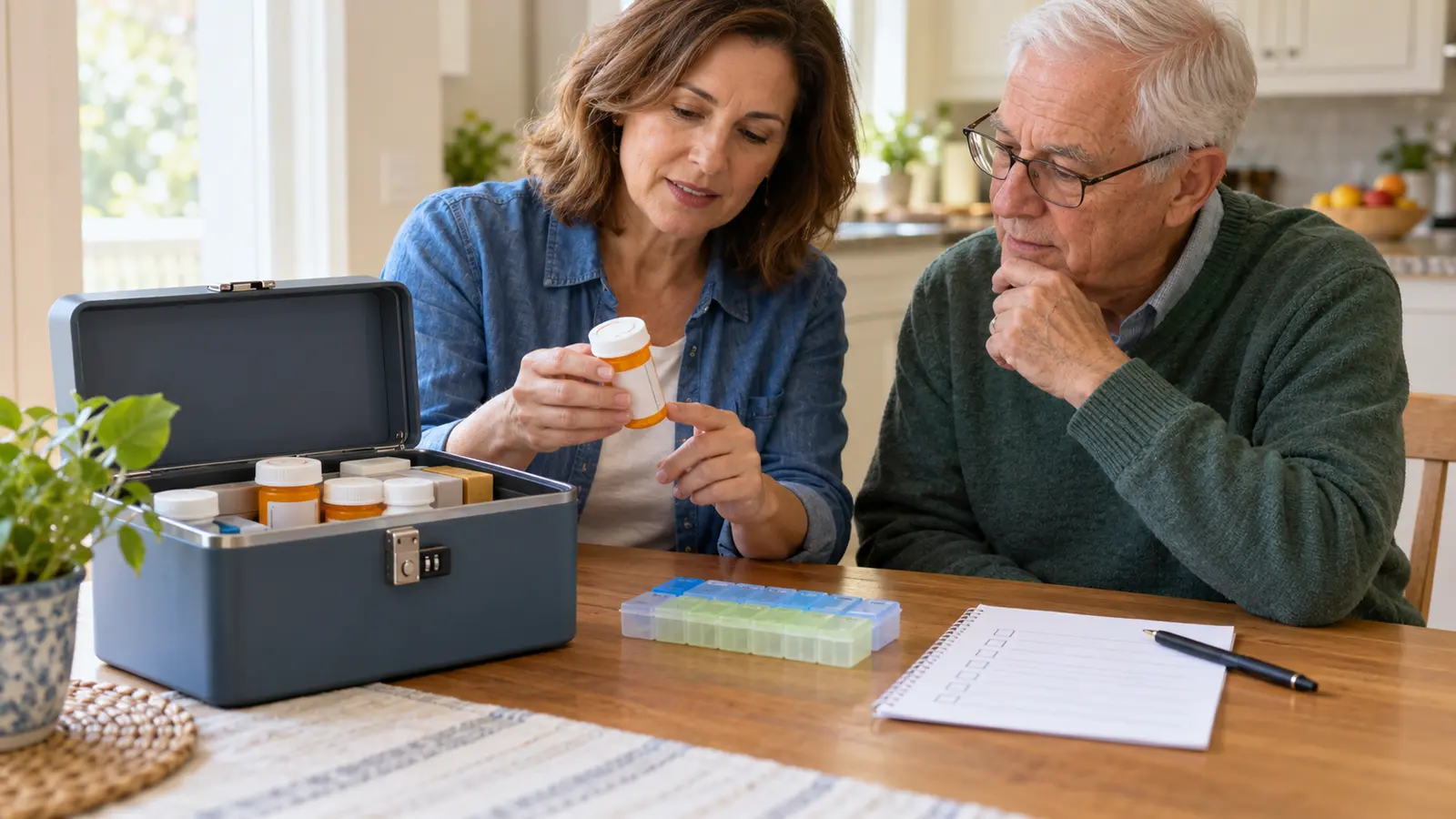 An older adult and caregiver reviewing a medicine label beside a locked household storage box and medication list