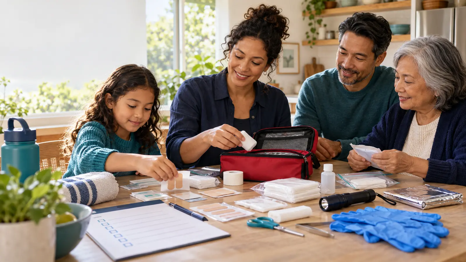 A multigenerational family organizes bandages, gloves, and other supplies in a home first aid kit