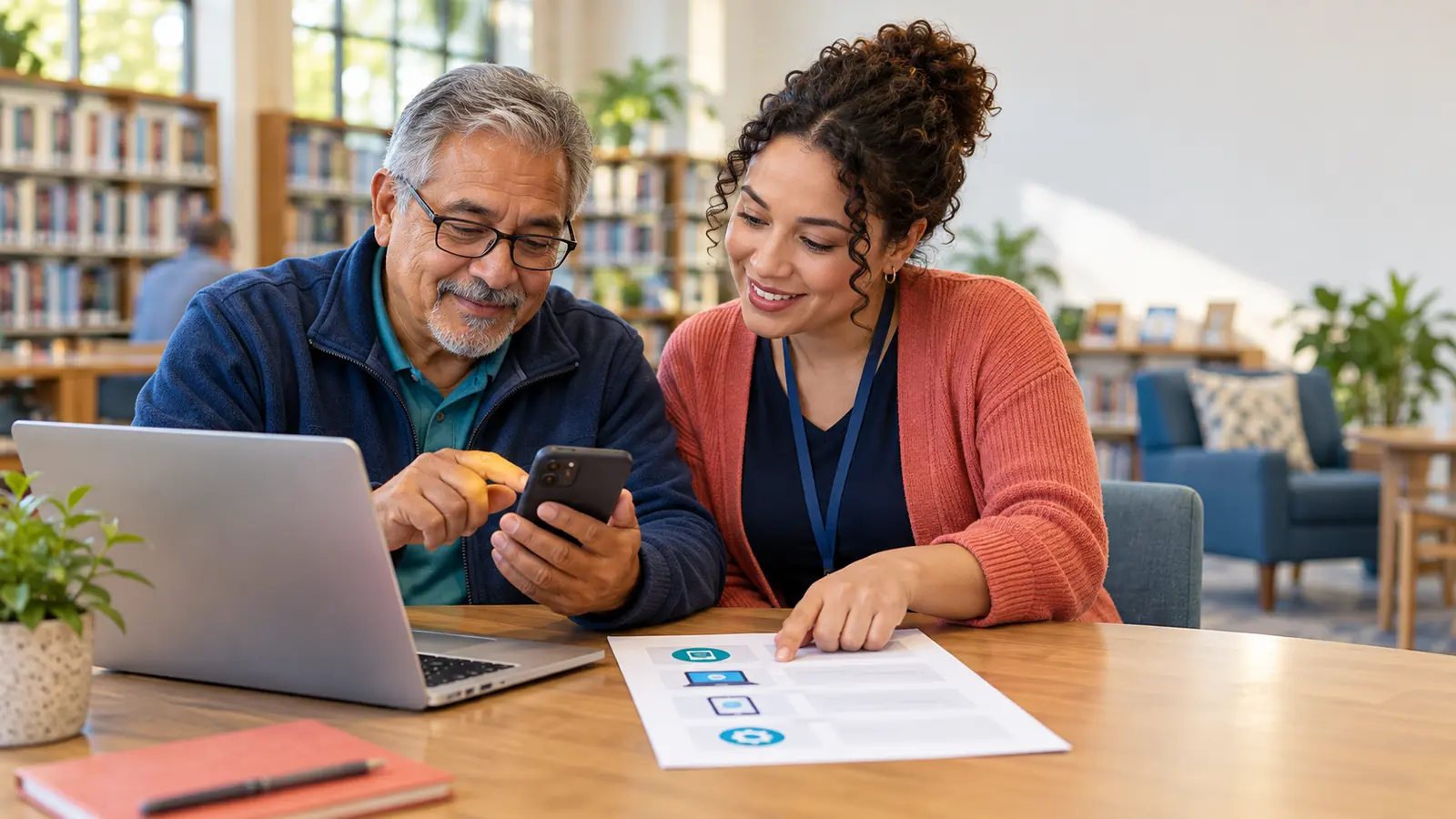 An adult learner practices using a smartphone and laptop with support from a community volunteer