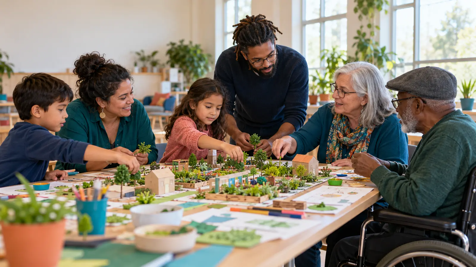 Children and older adults collaborate on a tabletop community garden model during an inclusive activity