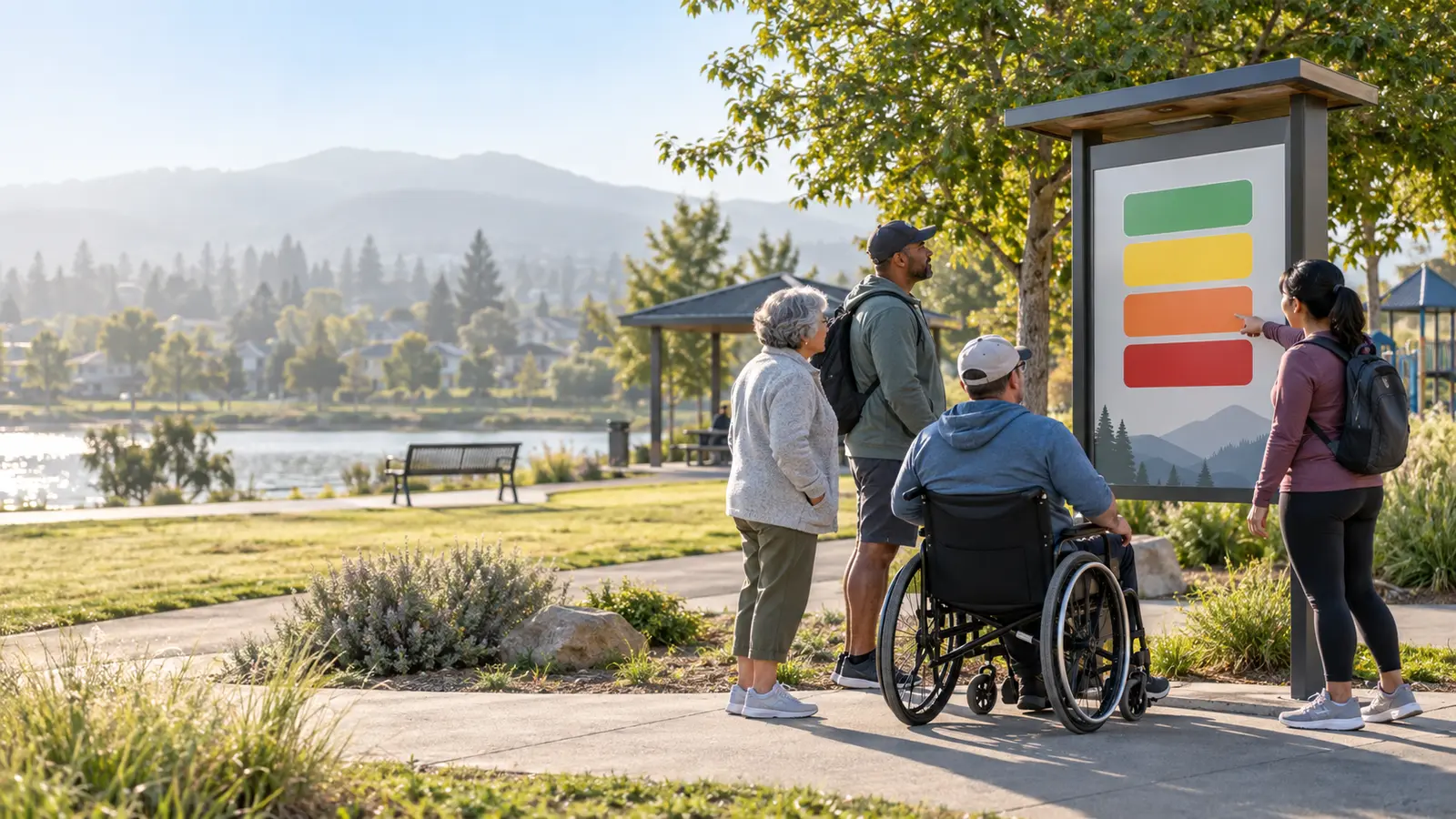 Community members review an Air Quality Index color display before choosing an accessible outdoor activity