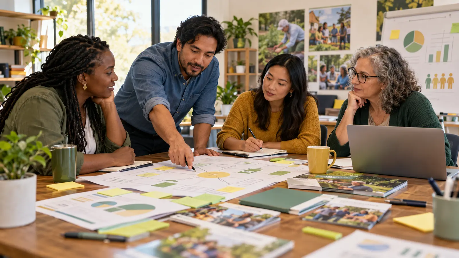 Volunteers and nonprofit staff map a skills-based community project around a shared table