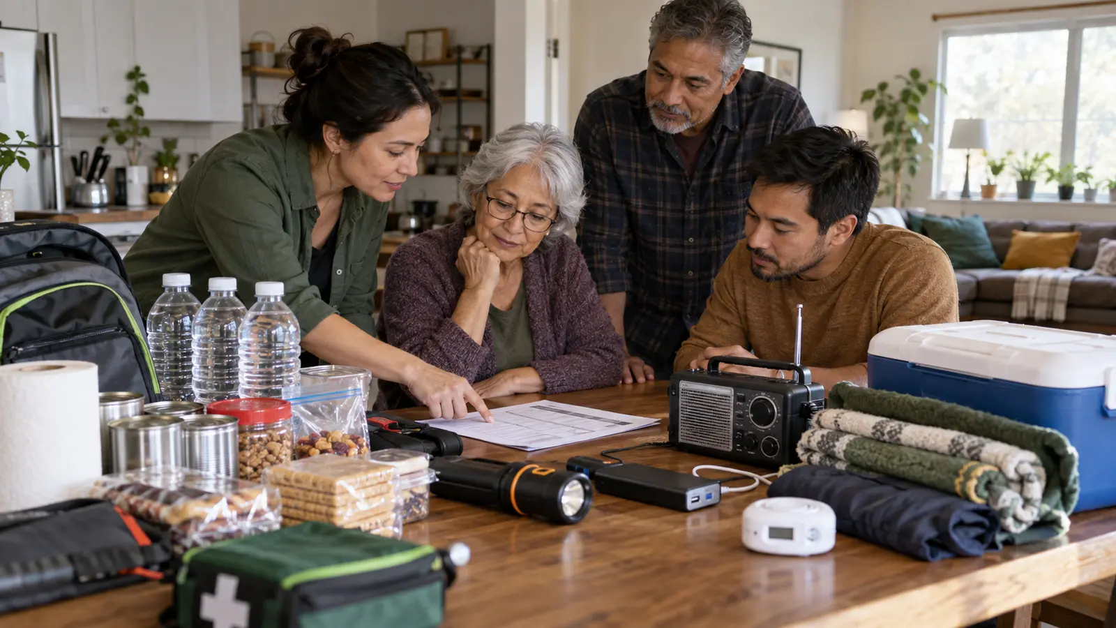 A multigenerational household reviews flashlights, water, food, a radio, and other power-outage supplies