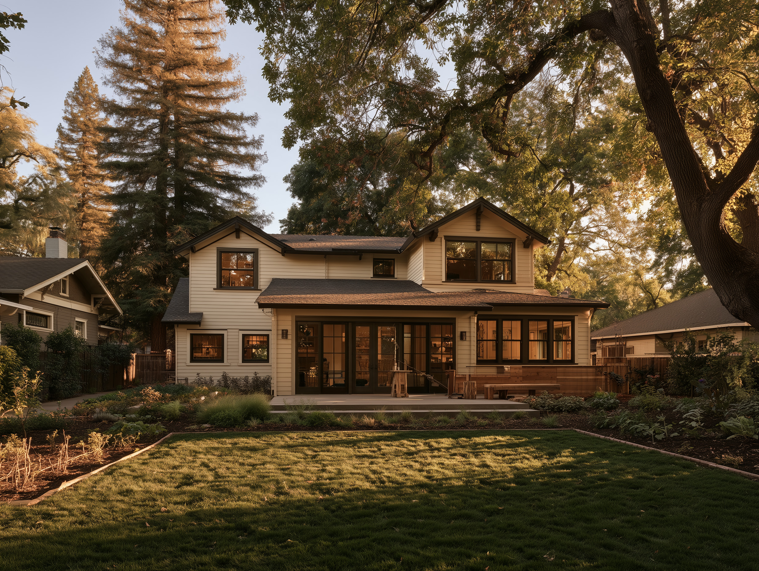 A modern Craftsman-style home exterior at twilight, featuring warm interior lighting, a wooden deck, expansive windows, and surrounding tall trees and landscaping.