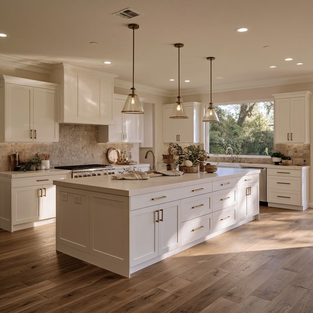 Modern white kitchen with a large island, pendant lights, and hardwood flooring.
