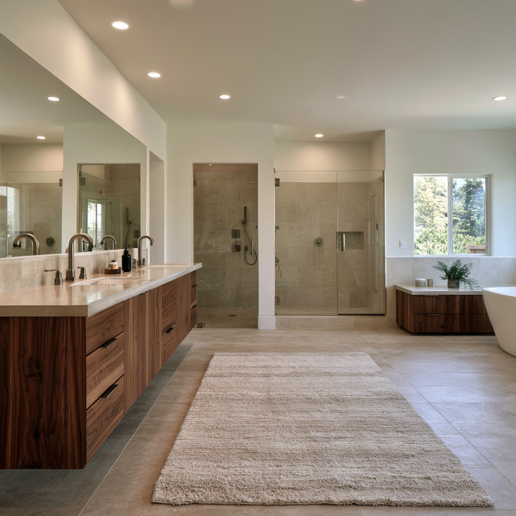 Spacious primary bathroom featuring a double wood vanity, glass shower, and freestanding tub.