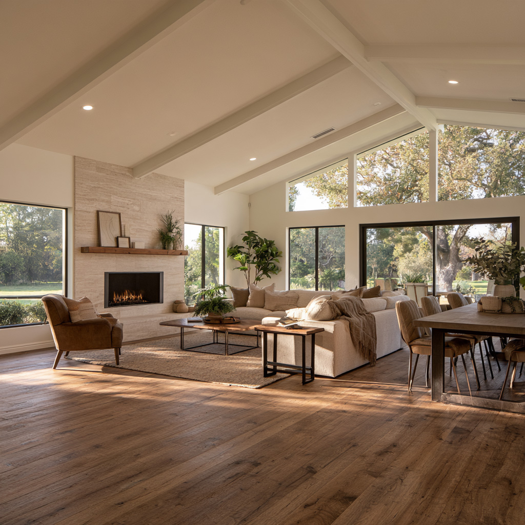 Cozy living room with vaulted wooden beam ceilings, a stone fireplace, and a neutral sofa.