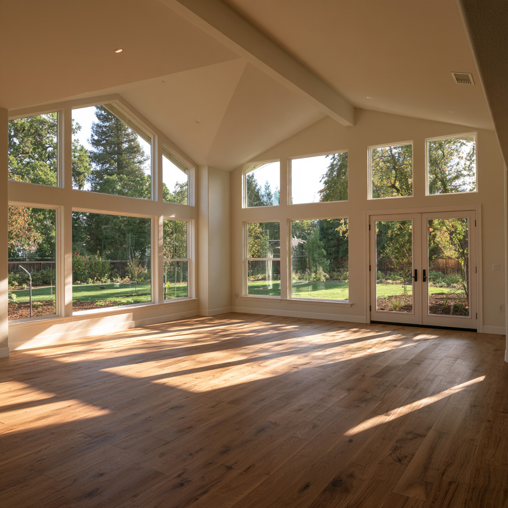 Bright living room with large windows casting natural light patterns across the wooden floor.