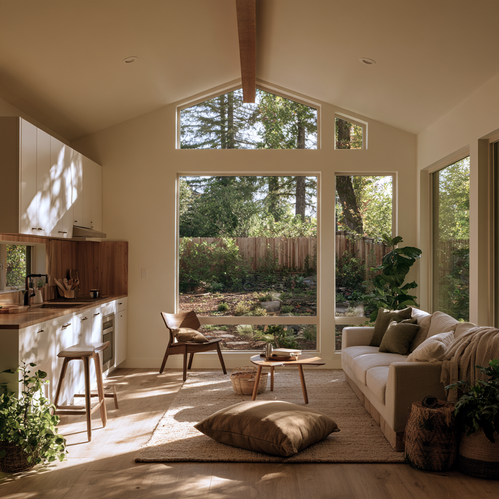 Sunlit open-concept living area with wooden ceiling beams and large windows looking out to a garden.