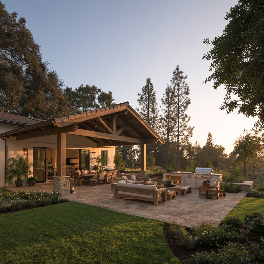 Outdoor patio and stone fireplace seating area at sunset.