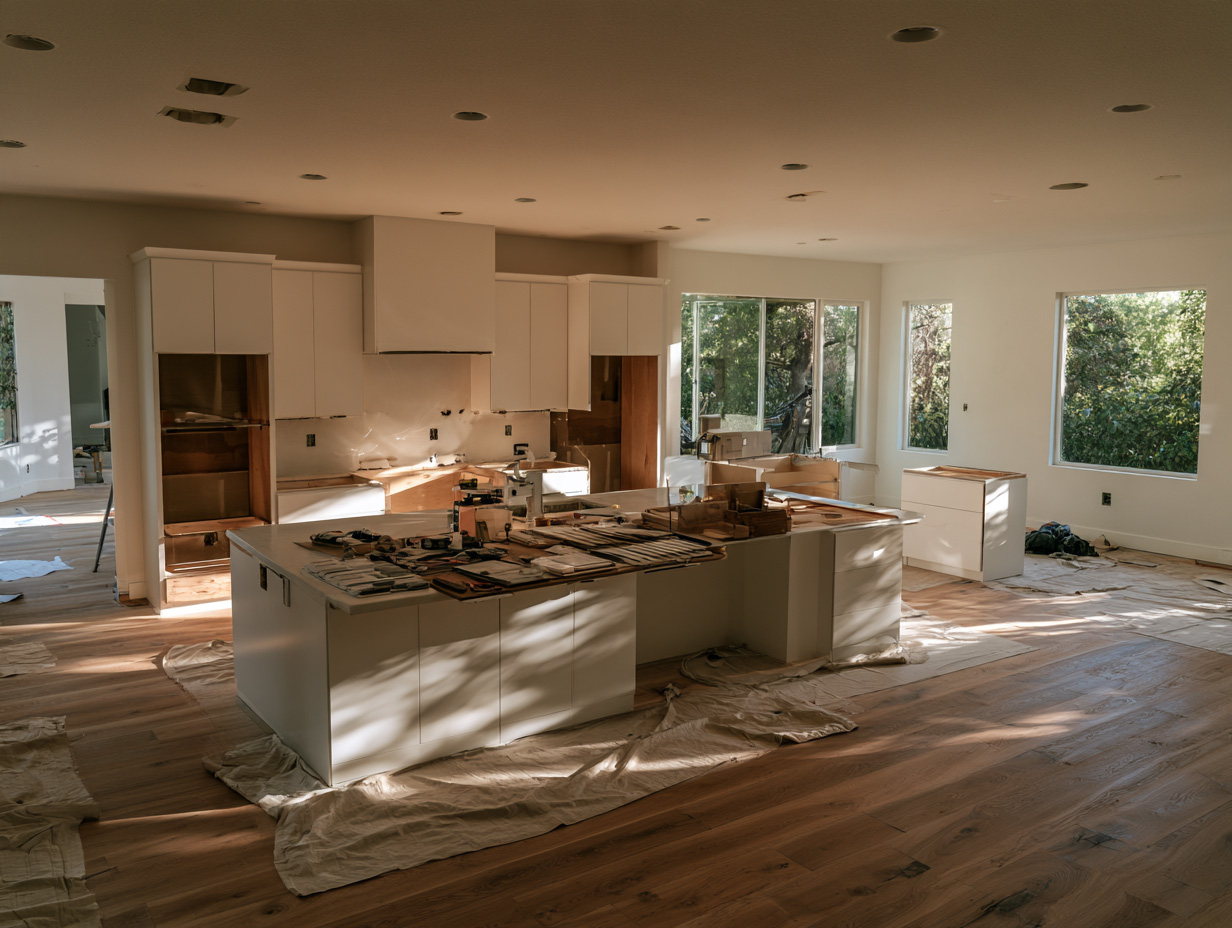 Kitchen interior during framing and renovation, with tools and exposed cabinetry.