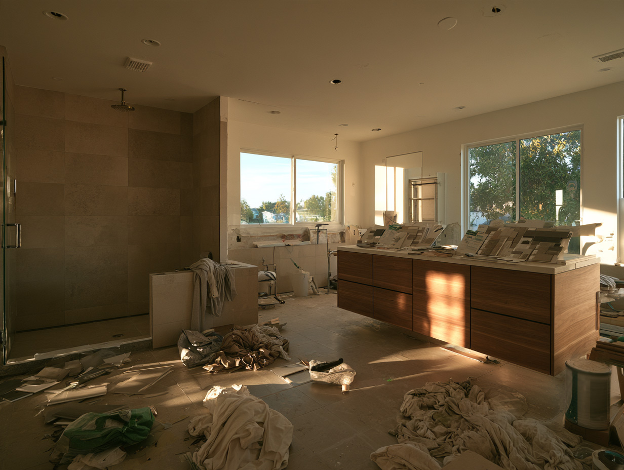 Bathroom interior under construction with exposed studs and drywall.