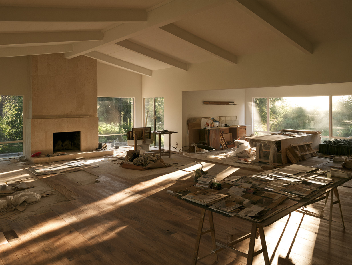 Living room during renovation showing unpainted drywall and construction debris.