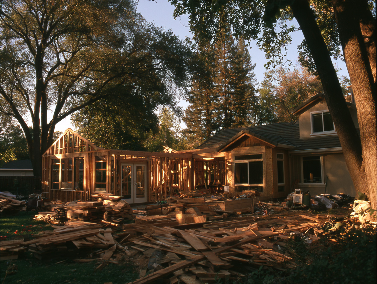 Rear exterior of a house under construction with wooden framing and surrounding trees.