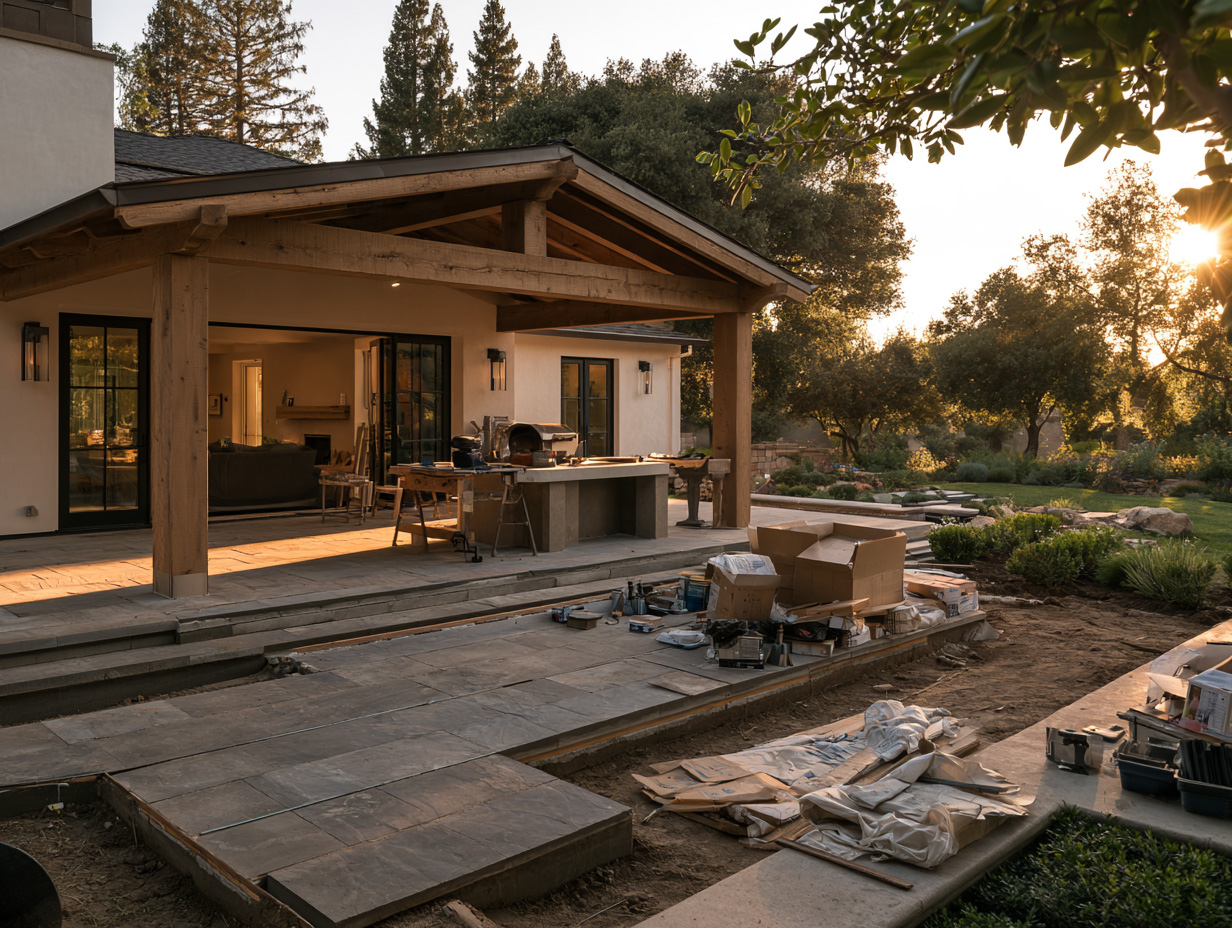 Patio area under construction with stacked building materials and moving boxes.