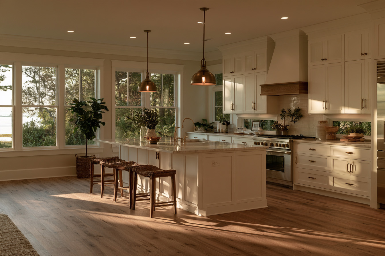 A warm, sunlit kitchen view highlighting the wooden range hood, tiled backsplash, and cabinetry under evening light.