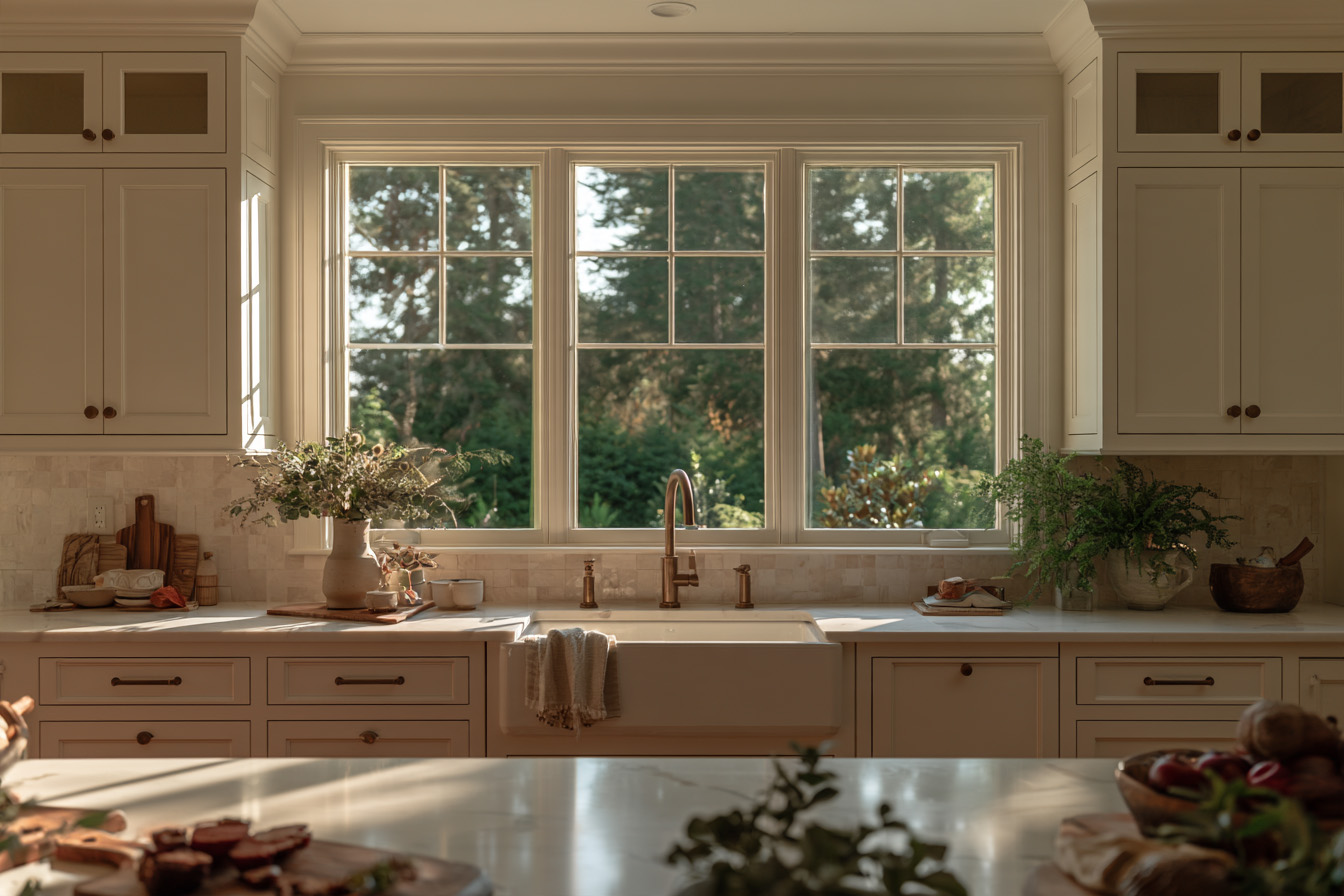  A farmhouse sink beneath a triple-pane window flanked by upper glass-paneled cabinets and natural light.