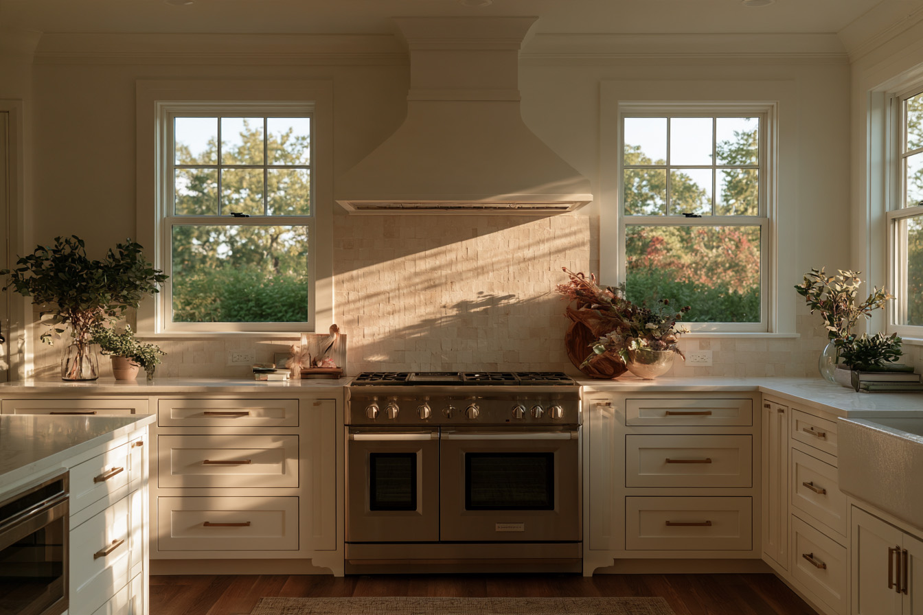 A close-up view of the stainless-steel double oven range and tiled backsplash framed by upper cabinetry and windows.