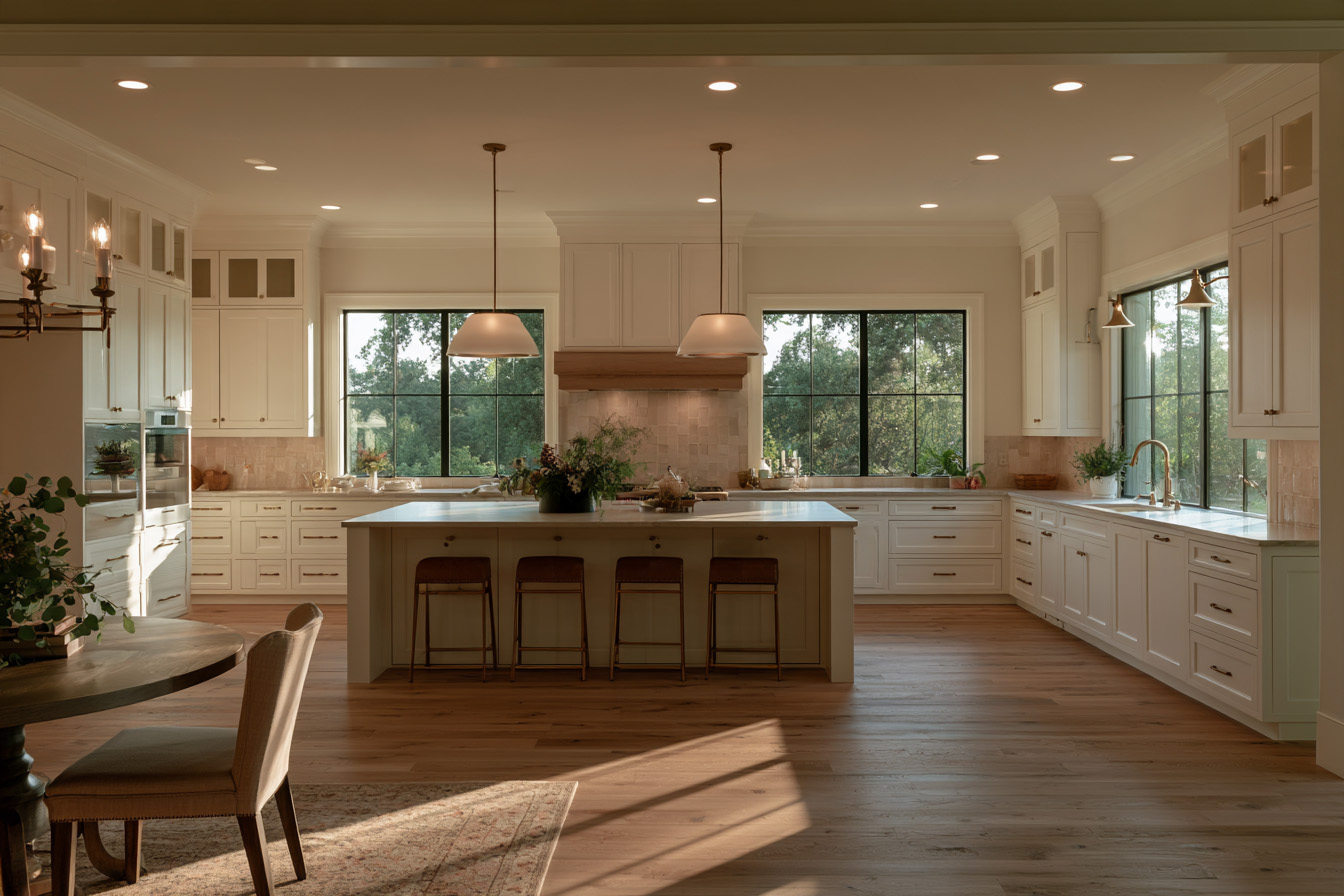 A view of the kitchen and adjacent dining area, showcasing dual pendant lights and large windows overlooking lush greenery.