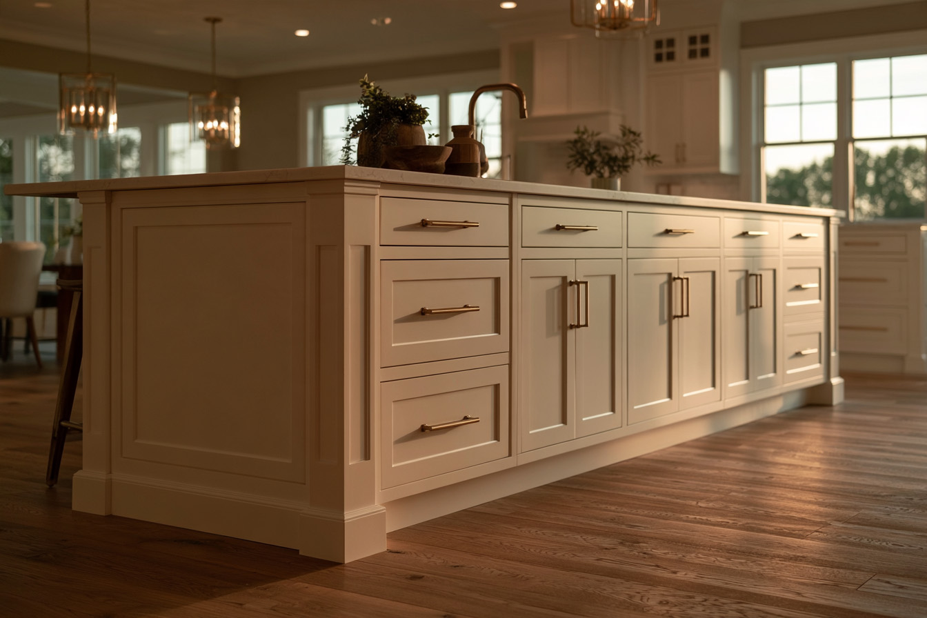 A detailed view of the kitchen island's cabinetry, brass hardware, and countertop workspace.