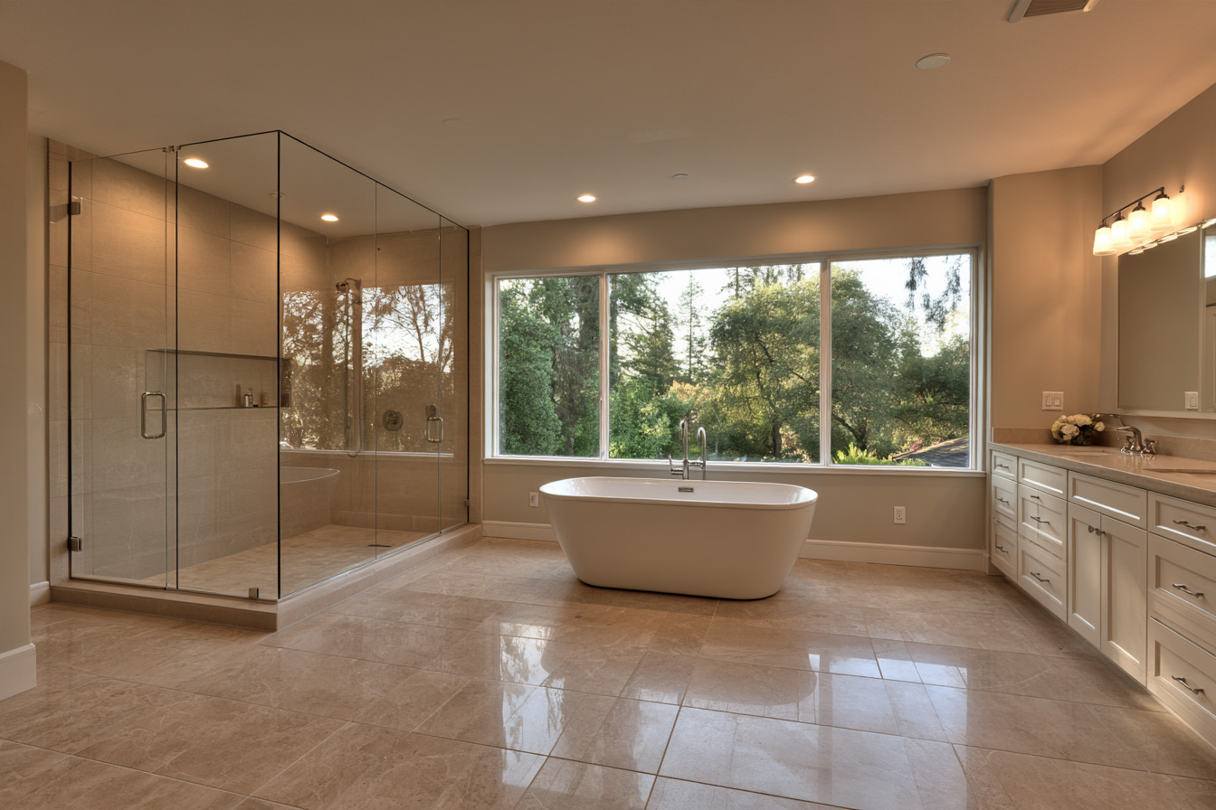A wide-angle view of the bathroom showing the glass shower enclosure, freestanding tub, and a double-sink vanity with mirrors.