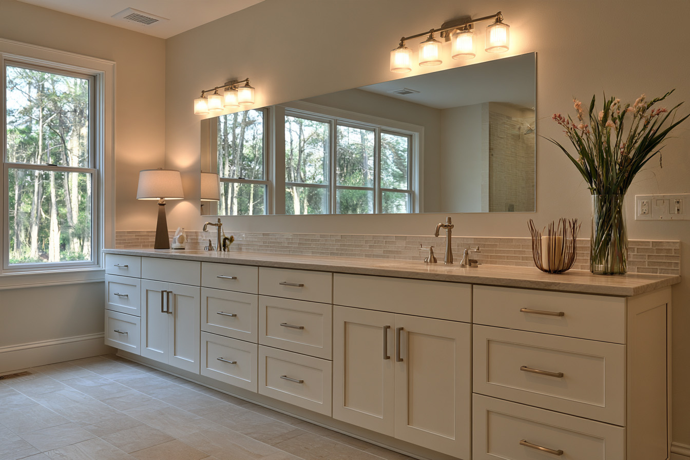 A detailed view of the double-sink vanity with decorative vases, warm lighting, and a tiled backsplash.
