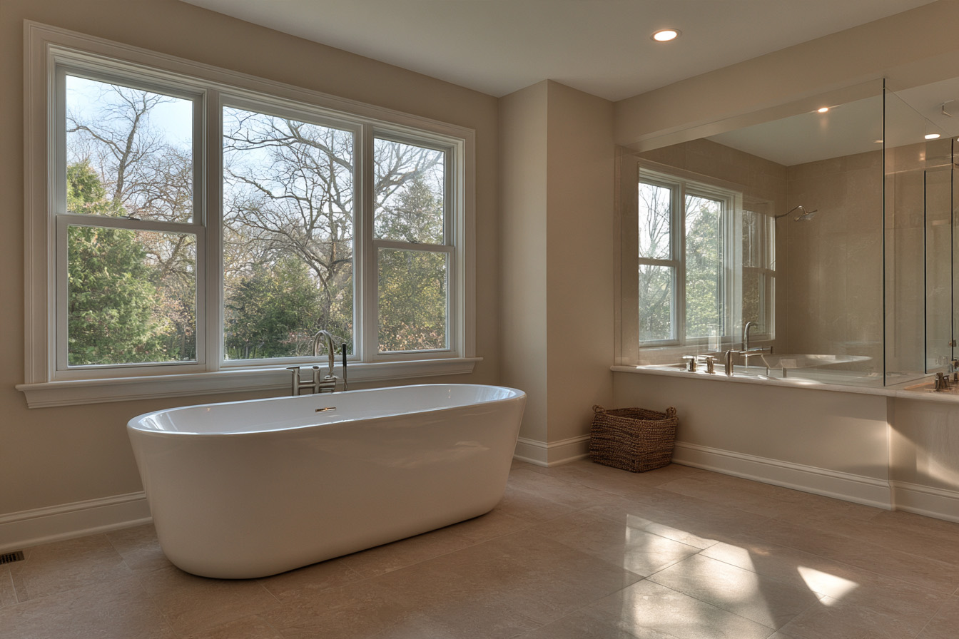 A clean white freestanding tub positioned next to a large window with a natural wooded view.
