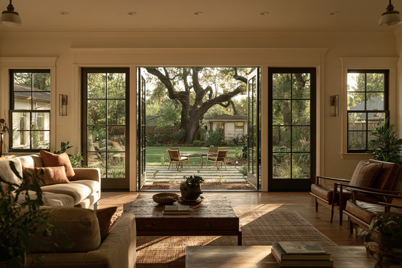  A view from inside the living room looking out through open French doors onto a stone patio and backyard garden.