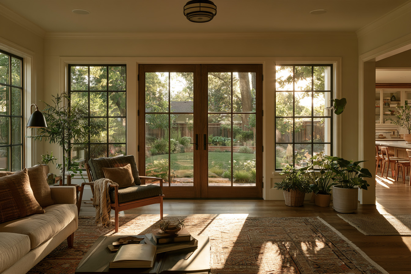 A living room with an armchair, floor lamp, and large windows framing a view of the green backyard.