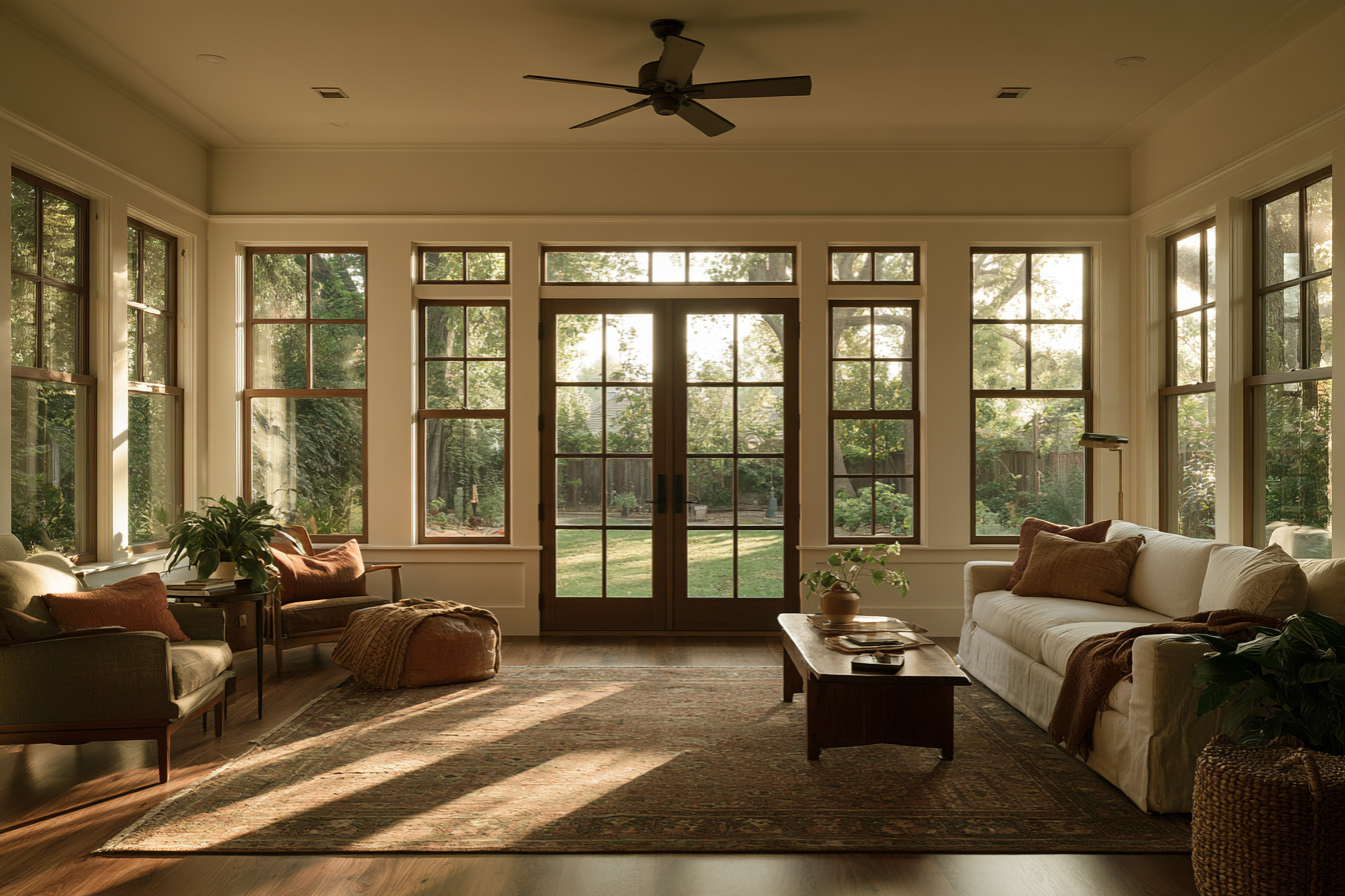 A cozy living room with hardwood floors, a patterned rug, a plush white sofa, and French doors opening to a sunlit backyard.