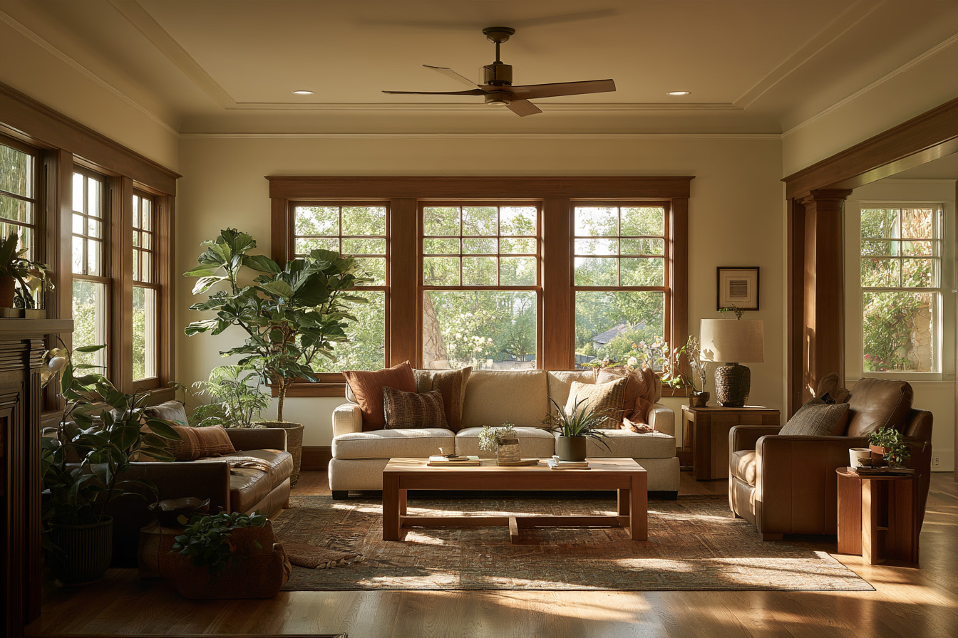 A living room centered around a sofa, coffee table, and large windows with wooden trim, accompanied by a potted fiddle-leaf fig tree.