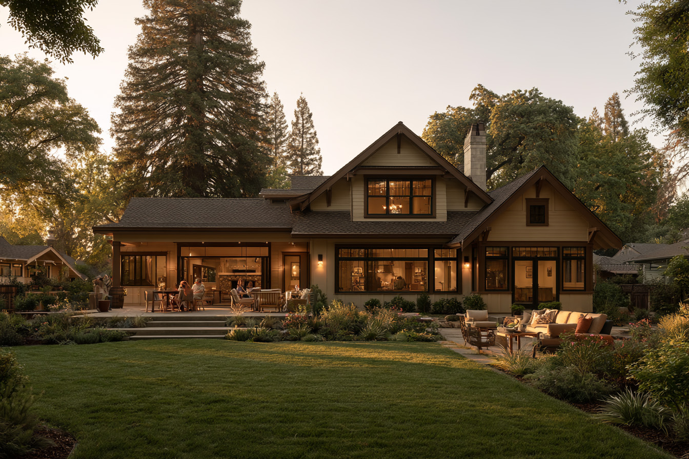 The rear patio and two-story exterior of the home illuminated at dusk, showcasing outdoor seating and a manicured lawn.