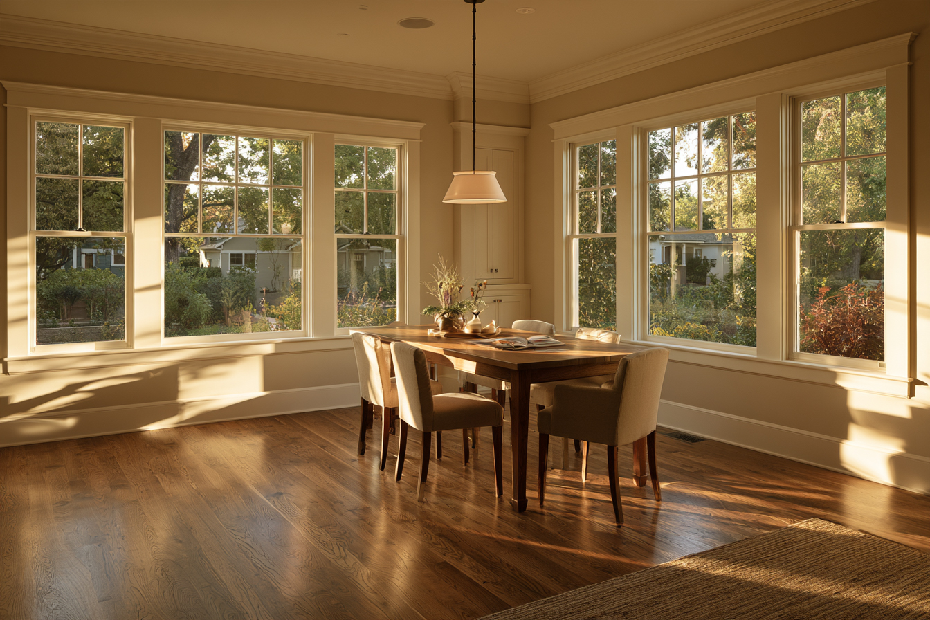 A sunlit dining space surrounded by large windows with views of trees and outdoor greenery.
