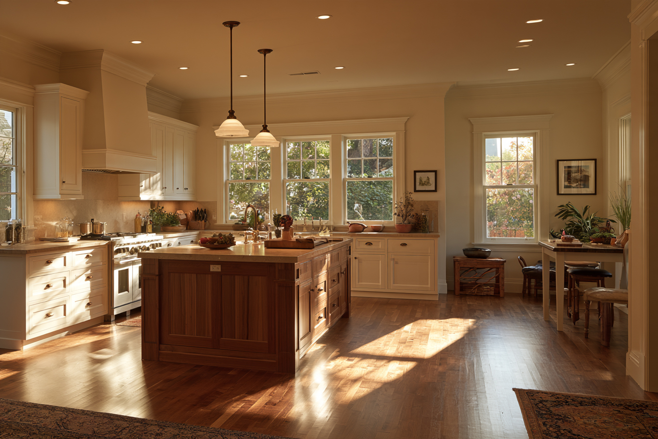 A modern kitchen featuring a large wooden center island, white cabinetry, and pendant lighting.