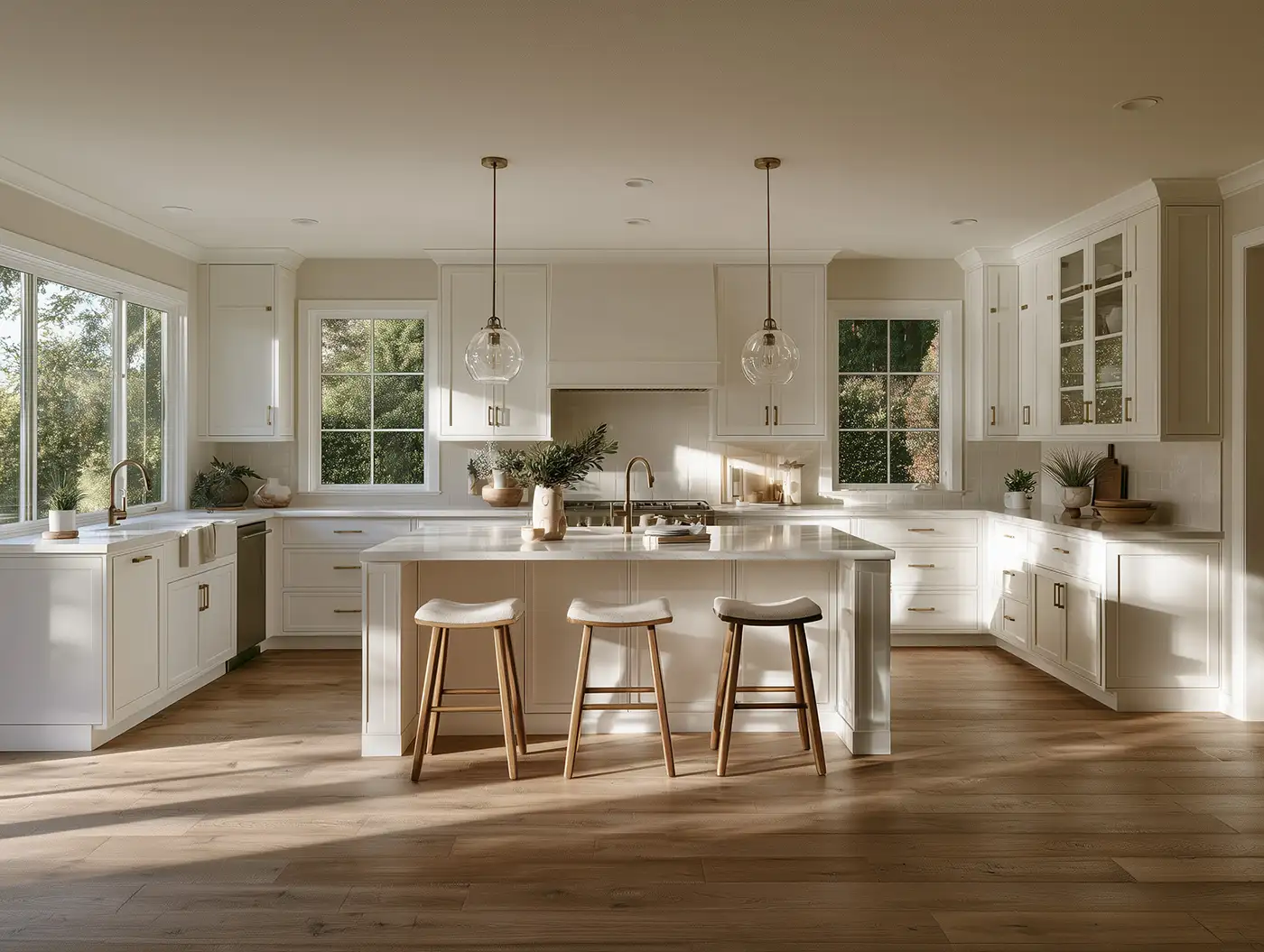 Bright white kitchen featuring a large island, pendant lights, and large windows looking out to greenery.