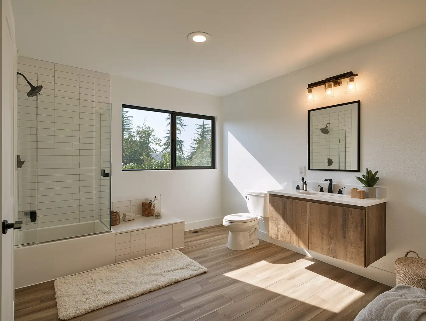 Modern bathroom featuring a walk-in glass shower, freestanding tub, and a double-sink wooden vanity.