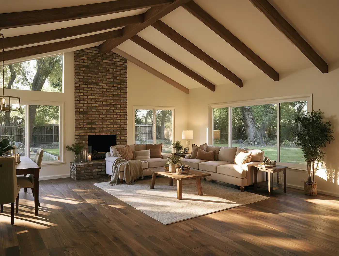 Spacious living room with vaulted wooden beam ceilings, a brick fireplace, and a neutral-toned sofa.