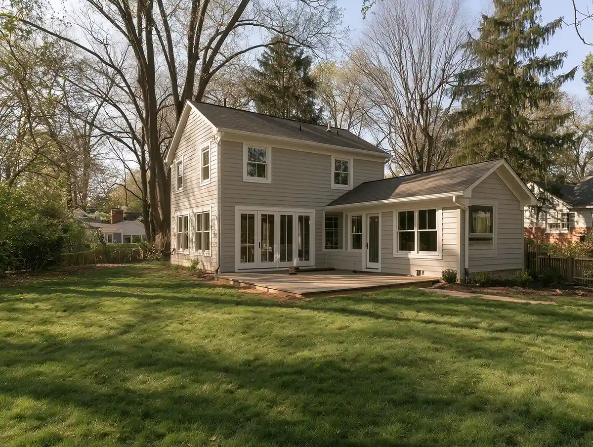 Rear view of a two-story home with a wooden deck, lawn, and mature surrounding trees.