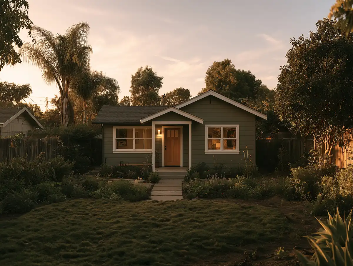 A one-story green house with an orange front door, a palm tree, a front lawn, and surrounding gardens at sunset.