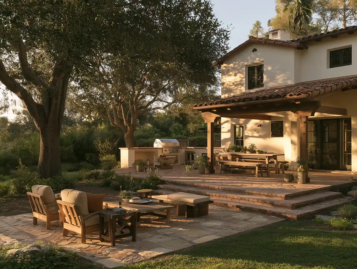 Stucco home patio with a tiled roof, outdoor grill setup, and lounge seating.