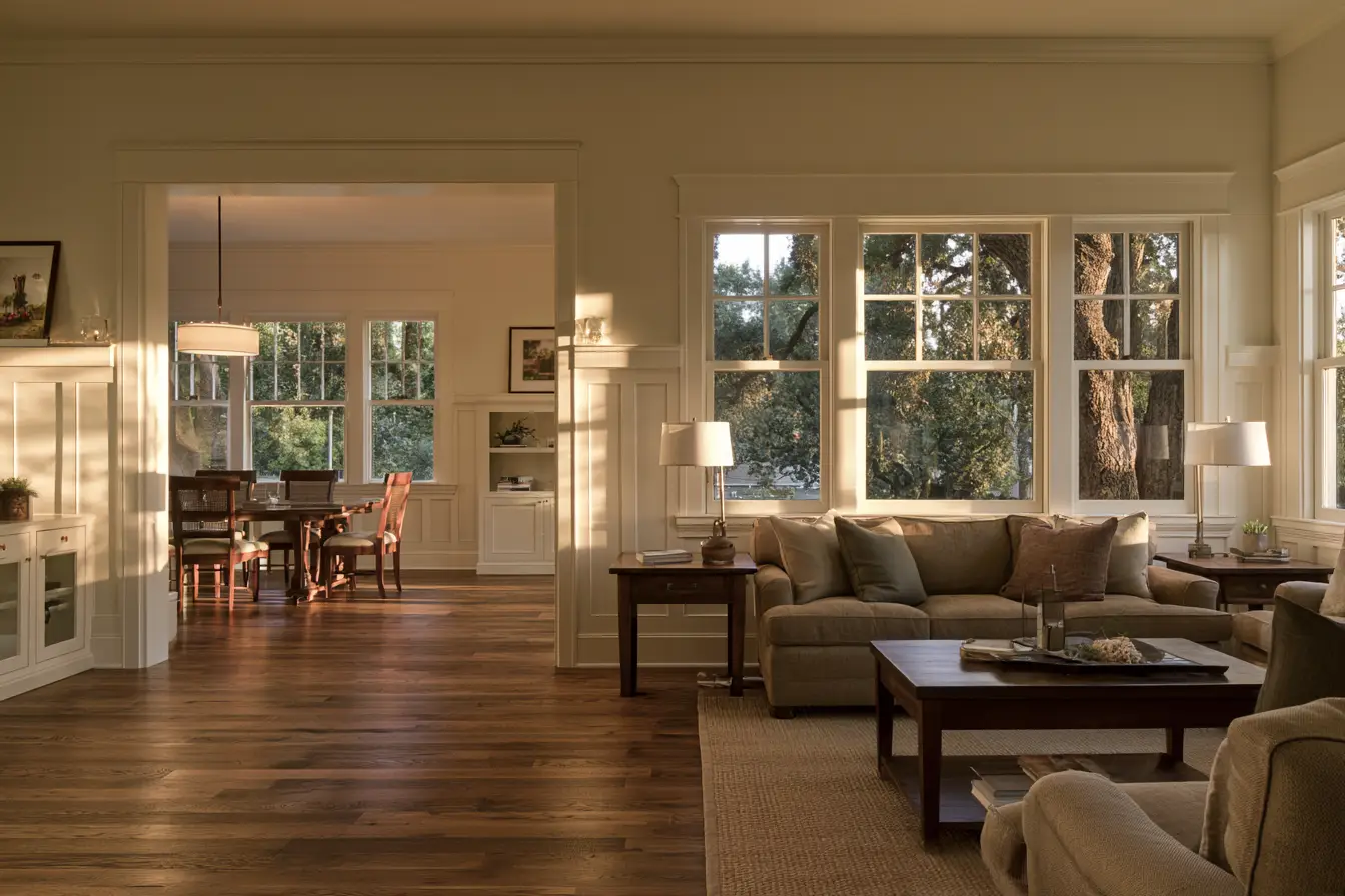  A cozy living room with a brown sofa, wooden coffee table, and an open archway looking into a dining area.