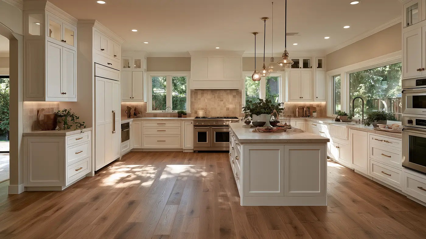 A spacious, bright white kitchen featuring a large central island with seating, a professional range, and hardwood floors.