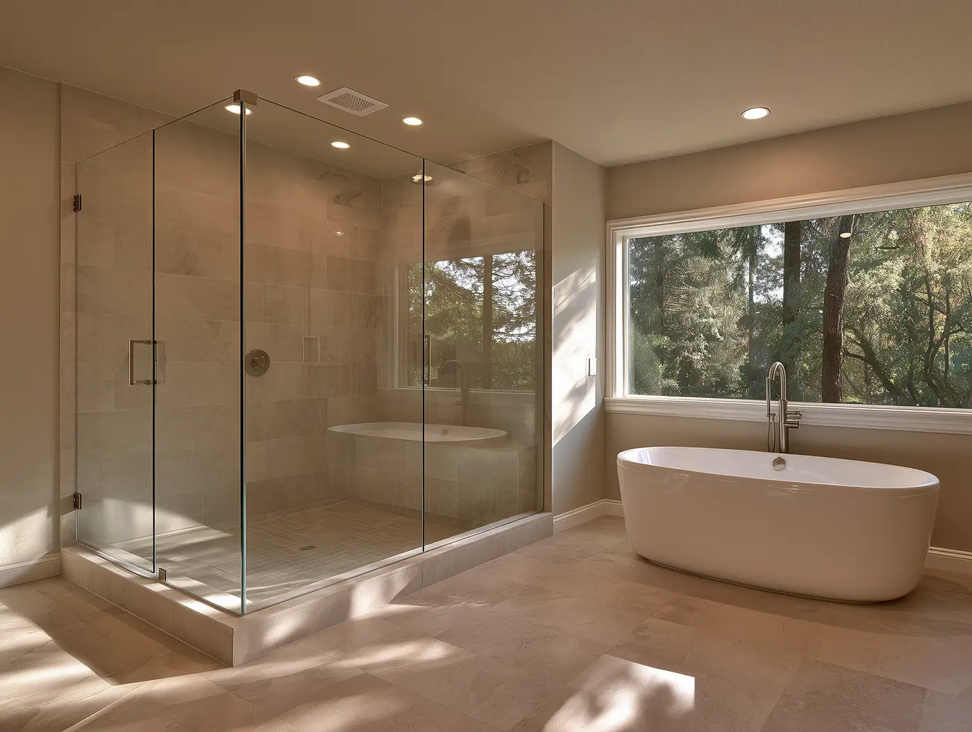 A luxury bathroom featuring a large glass walk-in shower and a freestanding soaking tub in front of a wide window overlooking trees.