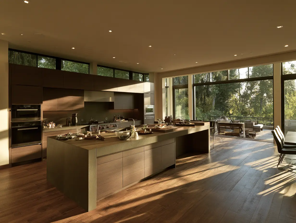 Modern open-concept kitchen with wood cabinetry, a large island, and large windows overlooking trees.