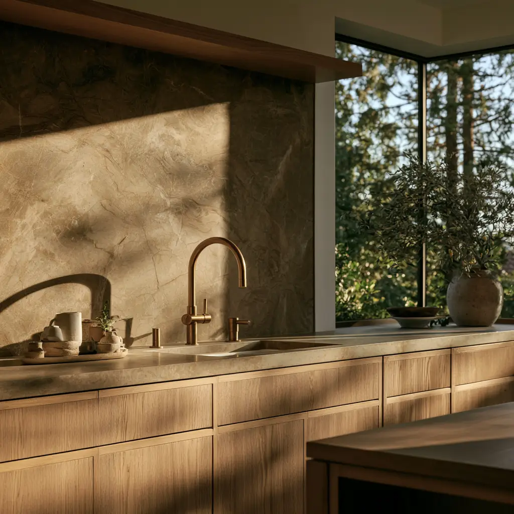 Close-up of a kitchen sink with a brass faucet, stone backsplash, and wood cabinetry.